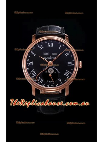 Blancpain "Villeret Quantième Complet" 904L Steel Rose Gold Timepiece in Black Dial