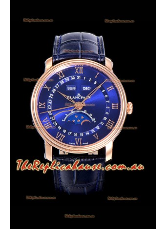 Blancpain "Villeret Quantième Complet" 904L Steel Rose Gold Watch in Blue Dial