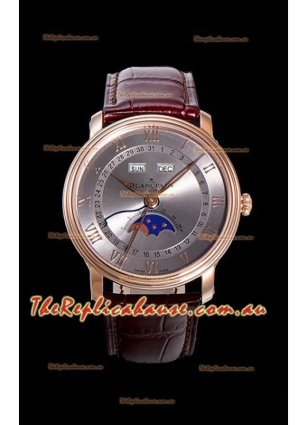 Blancpain "Villeret Quantième Complet" 904L Steel Rose Gold Watch in Grey Dial