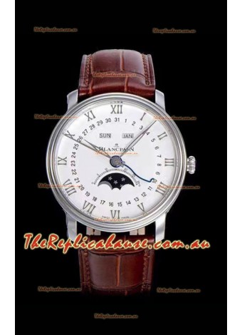 Blancpain "Villeret Quantième Complet" 904L Steel Swiss Watch in Off-White Dial