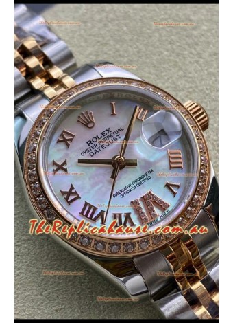 Rolex Datejust 28MM Swiss Replica in 904L Rose Gold Two Tone Case in Pearl Dial - 1:1 Mirror Replica