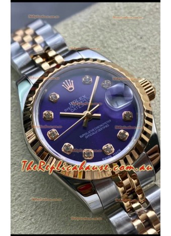 Rolex Datejust 28MM Swiss Replica in 904L Rose Gold Two Tone Case in Purple Dial - 1:1 Mirror Replica