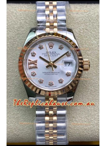 Rolex Datejust 28MM Swiss Replica in 904L Steel 2 Tone Rose Gold in White Dial - 1:1 Mirror Replica