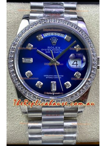 Rolex Day Date 36MM M128239-0023 904L Steel in Blue Dial 1:1 Mirror Replica