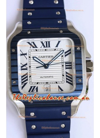 Santos De Cartier 1:1 Blue DLC Bezel Swiss Replica Watch 40MM - Rubber Strap