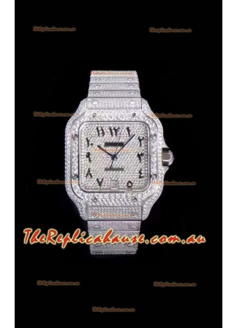 Santos De Cartier Swiss Replica Watch with Diamonds Embedded Dial in Steel Casing 40MM