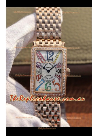 Franck Muller Long Island Pink Gold Swiss Watch in Swiss Quartz Movement Diamonds Bezel