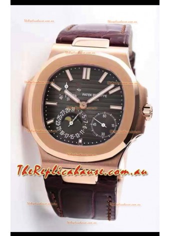 Patek Philippe Nautilus 5712/R 1:1 Quality Swiss Replica Watch in Brown Dial Leather Strap