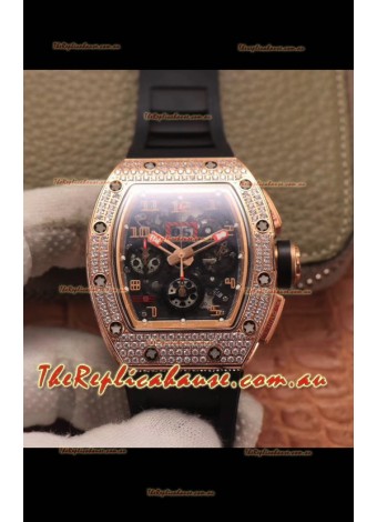 Richard Mille RM011 Felipe Massa 1:1 Mirror Quality One Piece Black Ceramic Rose Gold Diamonds Watch 