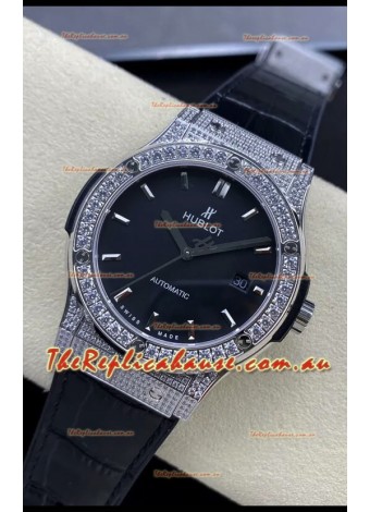 Hublot Classic Fusion Stainless Steel Diamonds Black Dial Swiss Replica Watch 1:1 Mirror Quality