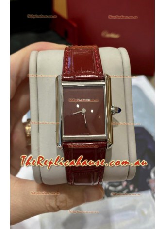 Must De Cartier Tank Edition Watch in 904L Stainless Steel Casing Maroon Dial