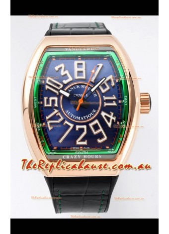 Franck Muller Vanguard Crazy Hours in Rose Gold Plating - Steel Blue Dial Swiss Replica Watch 