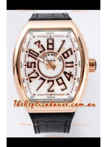 Franck Muller Vanguard Crazy Hours in Rose Gold Plating - White Dial Swiss Replica Watch 