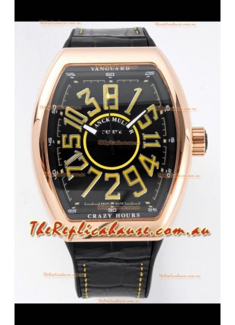 Franck Muller Vanguard Crazy Hours in Rose Gold Plating - Black Dial Swiss Replica Watch 