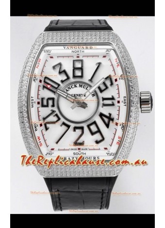 Franck Muller Vanguard Crazy Hours in Stainless Steel Diamonds - White Dial Swiss Replica Watch 