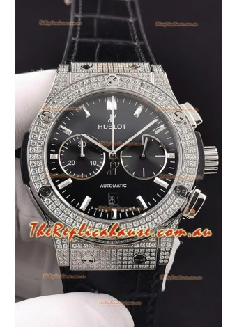 Hublot Classic Fusion Chronograph Steel Diamonds Casing Black Dial 1:1 Mirror Replica Watch 