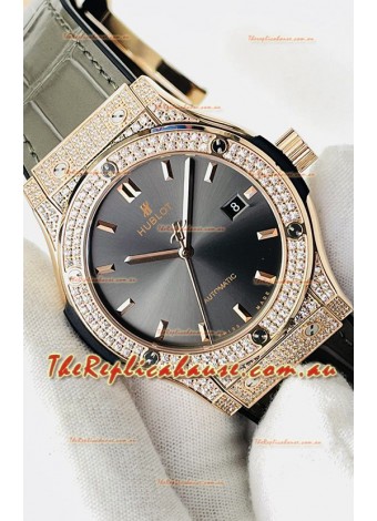 Hublot Classic Fusion Diamonds Rose Gold Grey Dial Swiss Replica Watch 1:1 Mirror Quality 