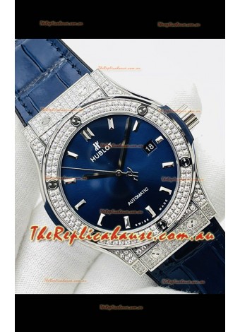 Hublot Classic Fusion Stainless Steel Diamonds Blue Dial Swiss Replica Watch 1:1 Mirror Quality 