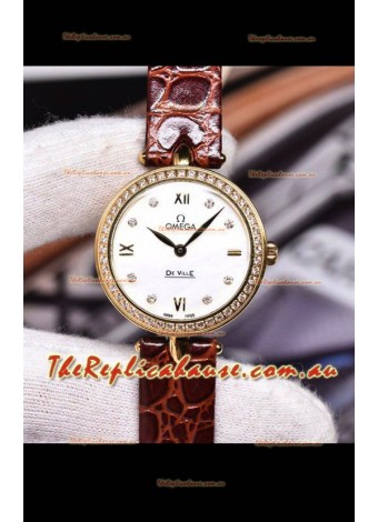 Omega De Ville Prestige Dewdrop Edition Swiss Quartz Watch in Rose Gold Brown Strap
