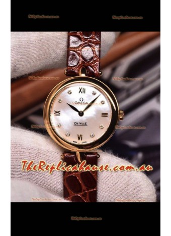 Omega De Ville Prestige Dewdrop Edition Swiss Quartz Watch in Rose Gold Brown Strap