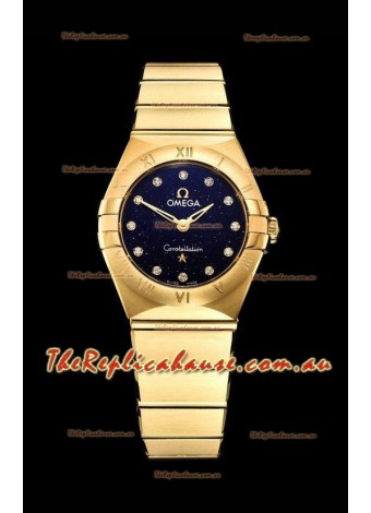 Omega Constellation Ladies Swiss Quartz 1:1 Mirror Replica - Yellow Gold Casing in Black Starry Dial 