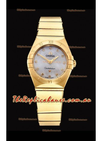Omega Constellation Ladies Swiss Quartz 1:1 Mirror Replica - Yellow Gold Casing White Pearl Dial