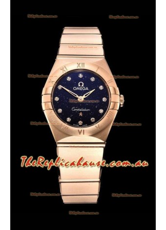 Omega Constellation Ladies Swiss Quartz 1:1 Mirror Replica - Rose Gold Casing in Black Starry Dial 