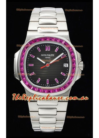 Patek Philippe Nautilus 5711 Black Dial 1:1 Mirror Replica in 904L Steel with Rubies Bezel