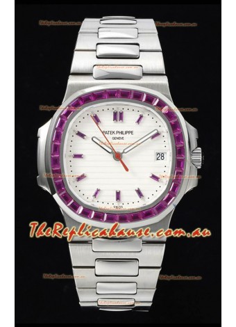 Patek Philippe Nautilus 5711 White Dial 1:1 Mirror Replica in 904L Steel with Rubies Bezel