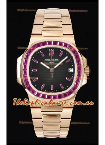 Patek Philippe Nautilus 5711 Black Dial 1:1 Mirror Replica in Rose Gold 904L Steel with Rubies Bezel