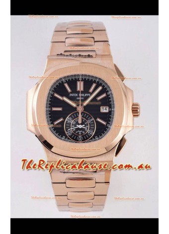 Patek Philippe Nautilus 5980/R Rose Gold 904L Steel Case in Black Dial - 1:1 Mirror Replica