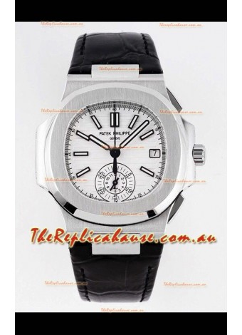 Patek Philippe Nautilus 5980/1A 904L Steel Case in White Dial Leather Strap - 1:1 Mirror Replica