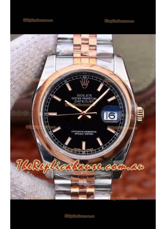 Rolex Datejust 36MM Cal.3135 Movement Swiss Replica Watch in 904L Steel Two Tone Casing Black Dial