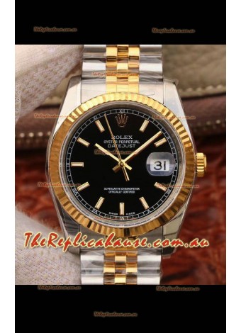 Rolex Datejust 36MM Cal.3135 Movement Swiss Replica Watch in 904L Steel Two Tone Casing Black Dial
