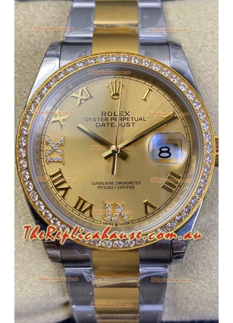 Rolex Datejust 36MM Cal.3135 Movement Swiss Replica Watch in 904L Steel Two Tone Casing Gold Dial