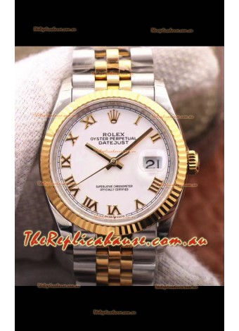 Rolex Datejust 36MM Cal.3135 Movement Swiss Replica Watch in 904L Steel Two Tone Casing White Dial