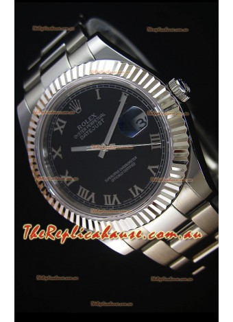 Rolex Datejust Japanese Replica Watch - Black Dial Roman Markers in 41MM with Oyster Strap