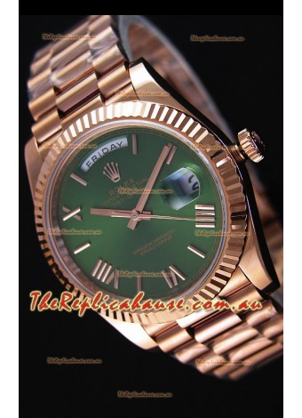 Rolex Day Date Japanese Replica Watch - Rose Gold Casing in Green Dial 40MM