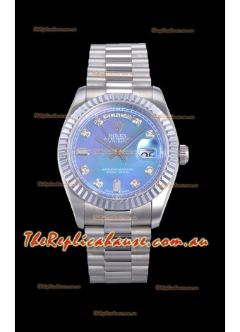 Rolex Day Date Watch in Blue Dial with Diamonds Hour Numerals ETA Movement - 904L Steel 