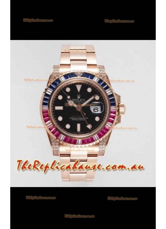 Rolex GMT Masters II Diamonds Swiss watch with Rose Gold 904L Case - 1:1 Mirror Quality 