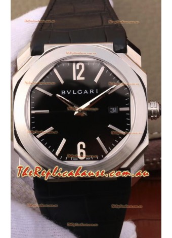 Bvlgari Octo Roma Edition 1:1 Mirror Replica in 904L Steel Casing - Black Dial Leather Strap