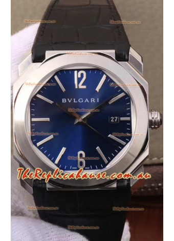Bvlgari Octo Roma Edition 1:1 Mirror Replica in 904L Steel Casing - Deep Blue Dial Leather Strap