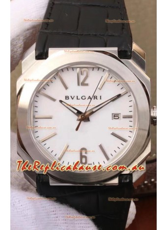 Bvlgari Octo Roma Edition 1:1 Mirror Replica in 904L Steel Casing - White Dial Leather Strap