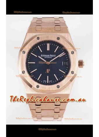 Audemars Piguet Royal Jumbo Oak Extra Thin Swiss Replica Rose Gold - 1:1 Mirror Replica Watch Blue Dial