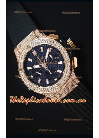 Hublot Big Bang Carbon Dial Diamonds Studded Rose Gold Swiss Timepiece 