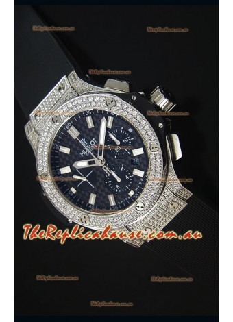 Hublot Big Bang Carbon Dial Diamonds Studded Stainless Steel Swiss Timepiece 