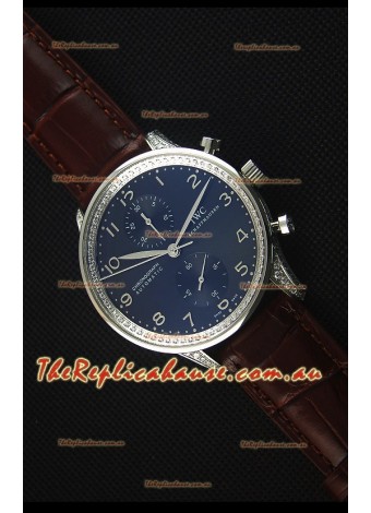 IWC Portuguese Chronograph Black Dial Brown Strap with Diamonds 1:1 Mirror Replica Watch