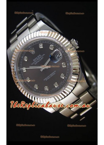 Rolex Datejust II 41MMwith Cal.3136 Movement Swiss Replica Watch in Grey Dial Diamonds Markers