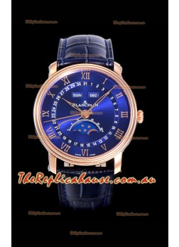 Blancpain "Villeret Quantième Complet" 904L Steel Rose Gold Watch in Blue Dial