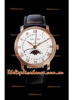 Blancpain "Villeret Quantième Complet" 904L Steel Rose Gold Watch in White Dial